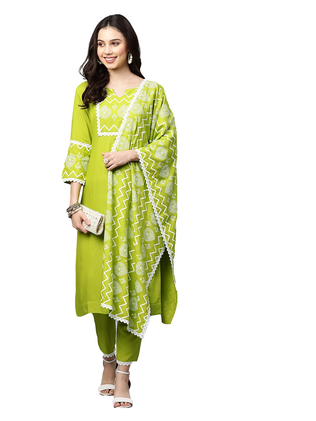 Anni Designer Women'S Cotton Straight Kurta With Pant & Dupatta (96-Perrot_L_Light Green_Large),Light Green,L