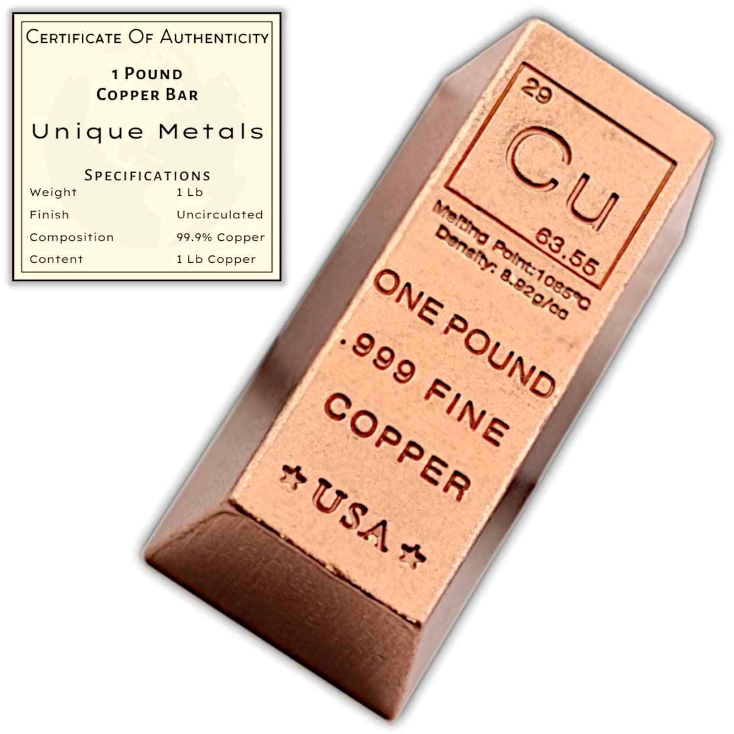 1 Pound Copper Bar Ingot Paperweight - .999 Pure Copper Bar Bullion Chemistry Element Design with Certificate of Authenticity by