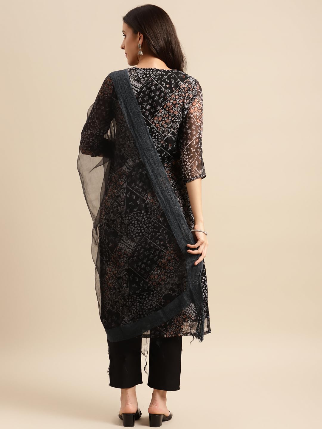 Anni Designer Women'S Georgette Straight Printed Kurta With Pant & Dupatta (Pivis Black-Nwg_Xl_Black_X-Large),Black,XL,Cotton Blend,Regular,