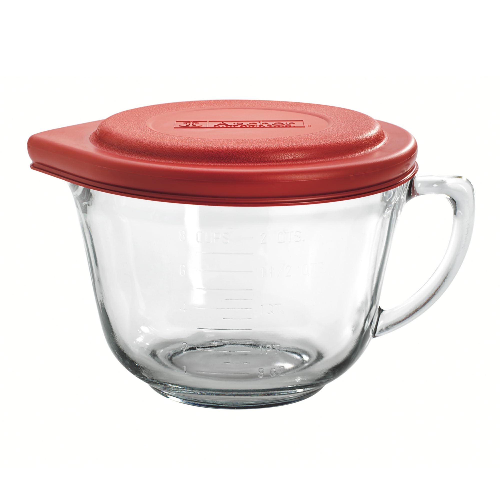 Anchor Hocking Batter Bowl, 2 Quart glass Mixing Bowl with Red Lid