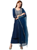 Anni Designer Women'S Cotton Blend Solid Straight Kurta With Palazzos & Dupatta (Dharan-Cerosin_M_Dark Blue_Medium),Dark Blue,M