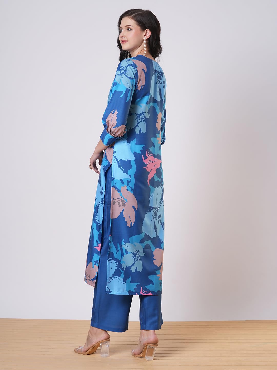 Anni Designer Women'S Rayon Viscose Straight Printed Kurta With Pant (Kitimat Cerosin-Vks01_M_Blue_Medium),Dark Blue,M,Rayon,Casual,