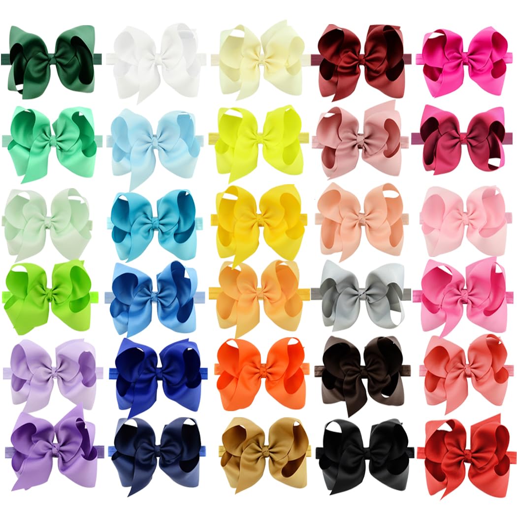 WillingTee Headbands 6 Inch 30 Colors Boutique Grosgrain Ribbon Hair Bows for Baby Girls Infants Toddler Kids Teens and Children