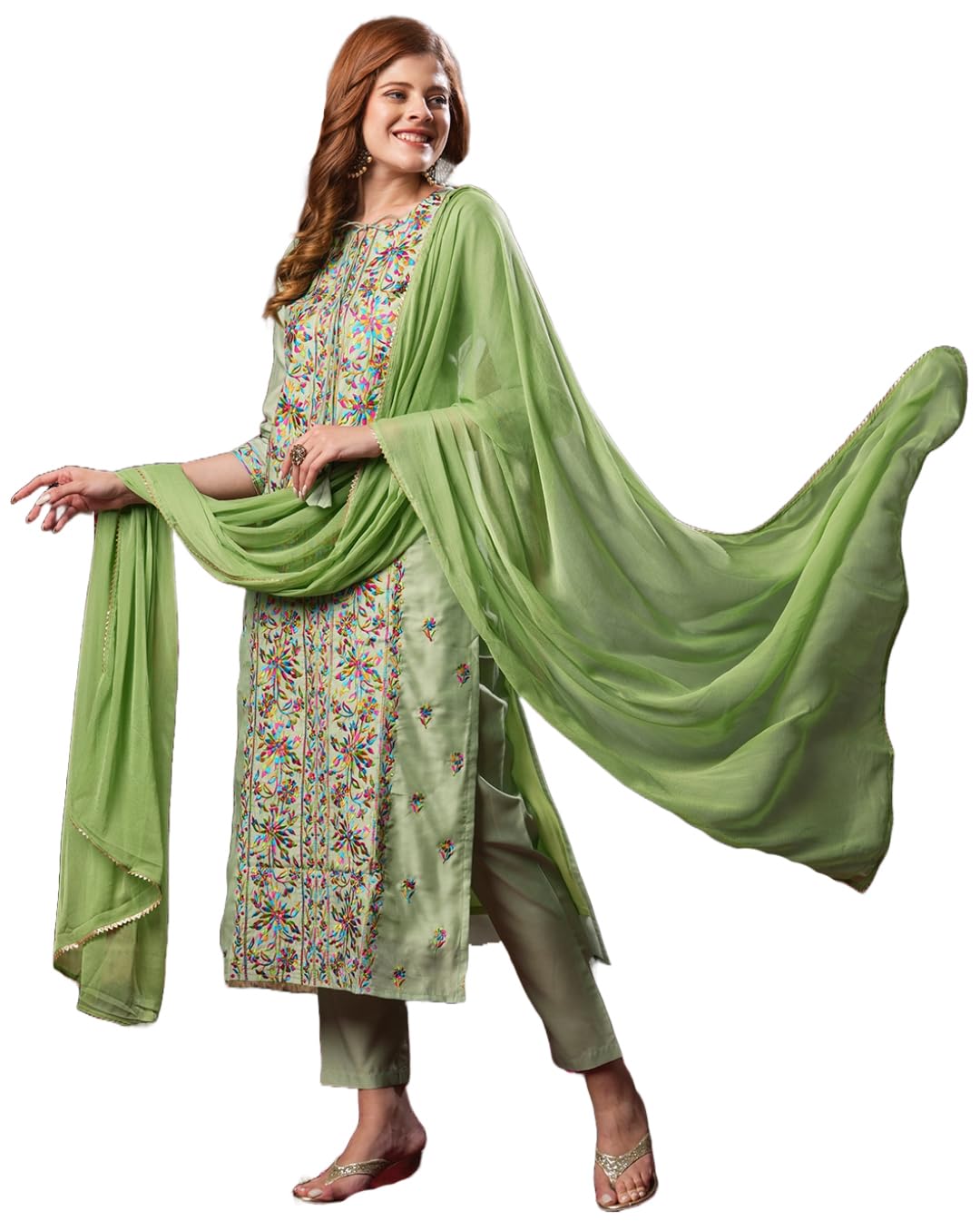 Anni Designer Women'S Cotton Blend Embroidered Straight Kurta With Pant & Dupatta (Kochi Methi_Xxl_Green_Xx-Large),Green,2XL