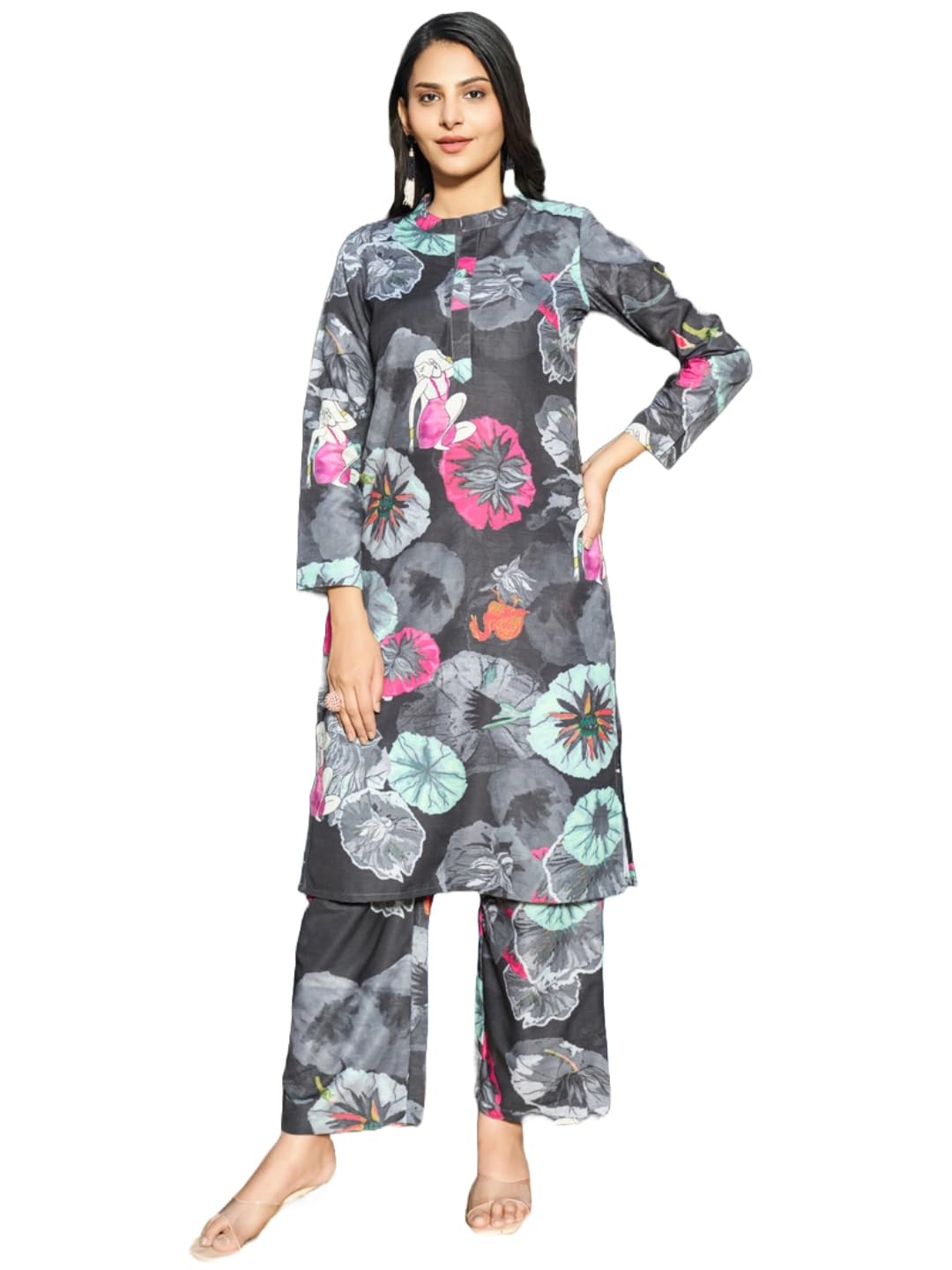 Anni Designer Women'S Rayon Blend Short Length Printed Co-Ord Set (Kareena Black Co Ord-Vks01_Xxl_Black_Xx-Large),Black,2XL,,,