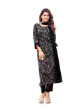 Sanisa Women's Crepe Printed Straight Kurta with Pant and Fabric Lace Work Dupatta (100KBD1095NZ-XXL_Black & Multi)