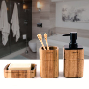 Satu Brown Bathroom Accessory Set Acacia Wood 3 Pieces Includes Bathroom Soap Dispenser, Bathroom Tumbler, Soap Dish Accessories