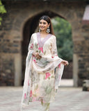 Wedani Georgette Floral Print With Sequence Embroidery & Mirror Work Kurta Pant Set With Dupatta For Women-White,White,M,,,