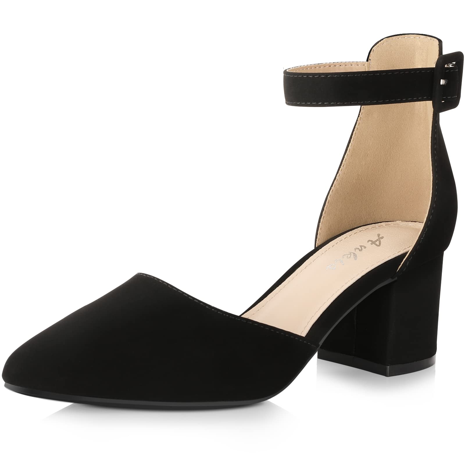 Ankis closed Toe Heels for Women -Black Pointed Toe Heels Low Block chunky Women Pumps with Ankle Strap -225 Inch