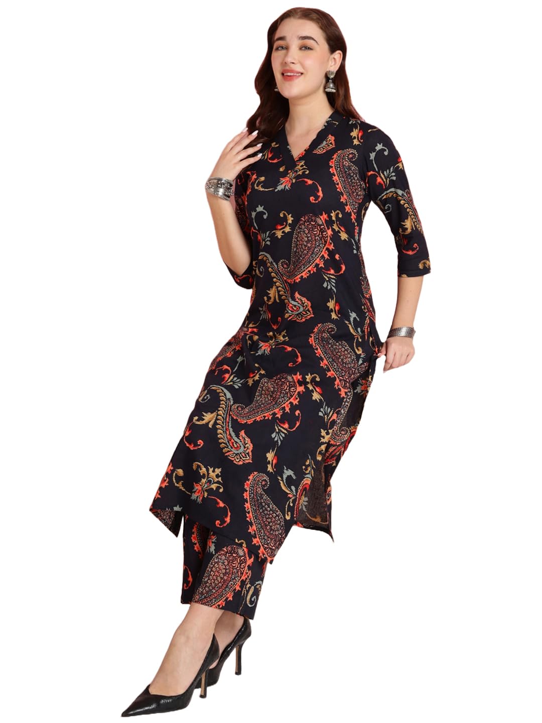 Gosriki Women'S Rayon Blend Straight Printed Kurta With Pant (Bhati Black-Gs_S_Black_Small),Black,,B0DRNMWWKT