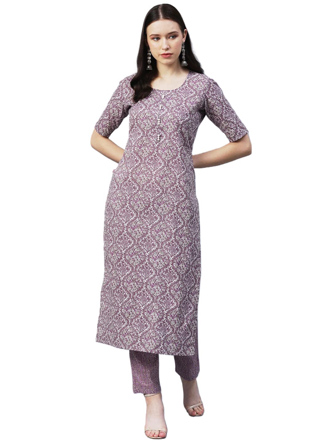 Anni Designer Women'S Cotton Blend Printed Straight Kurta With Pant (Batakli-Purple_3Xl_Purple_Xxx-Large),Purple,3XL