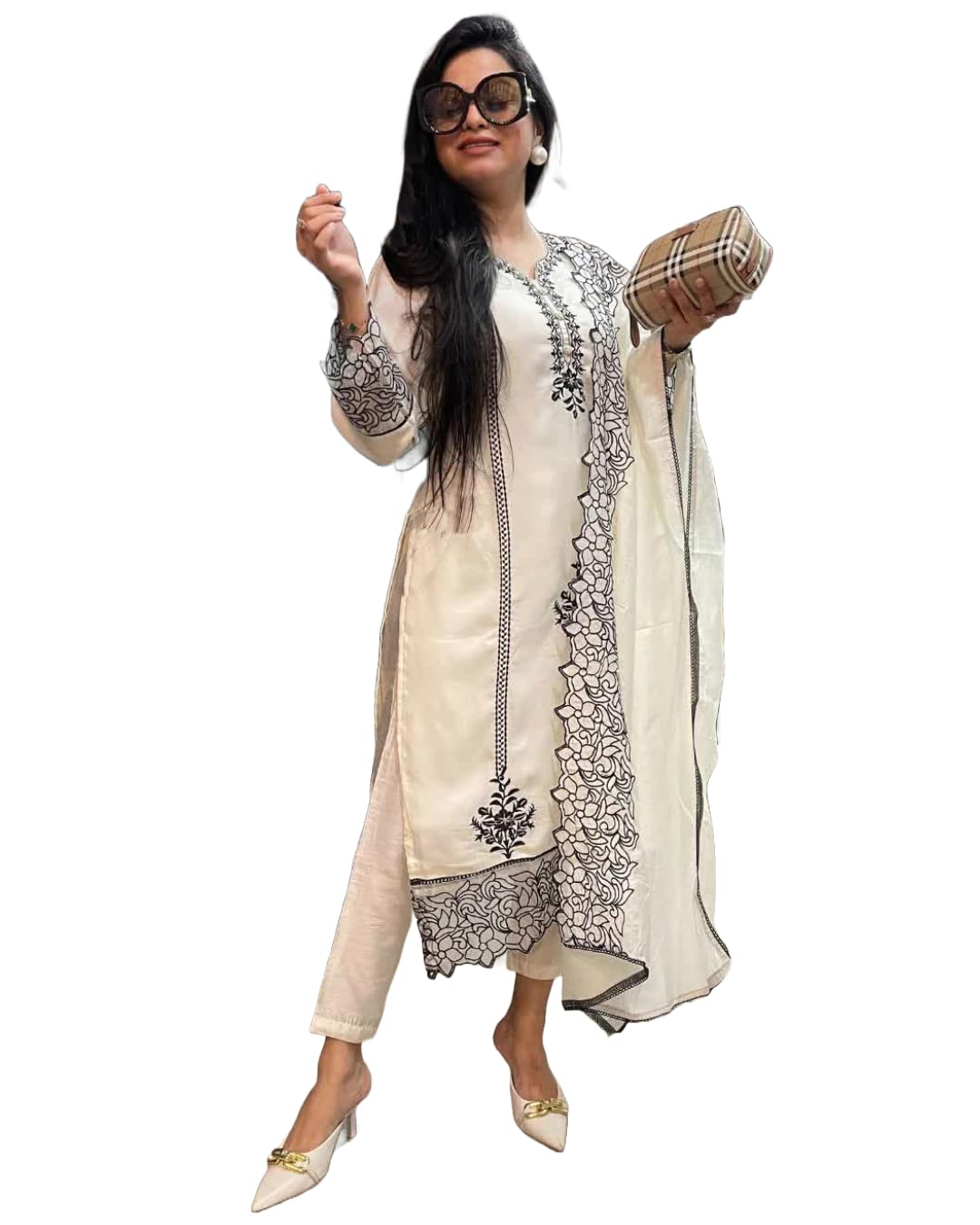 Anni Designer Women'S Rayon Blend Straight Embroidered Kurta With Pant & Dupatta (Trp Off-White-Nm_Xxl_White_Xx-Large),White,2XL