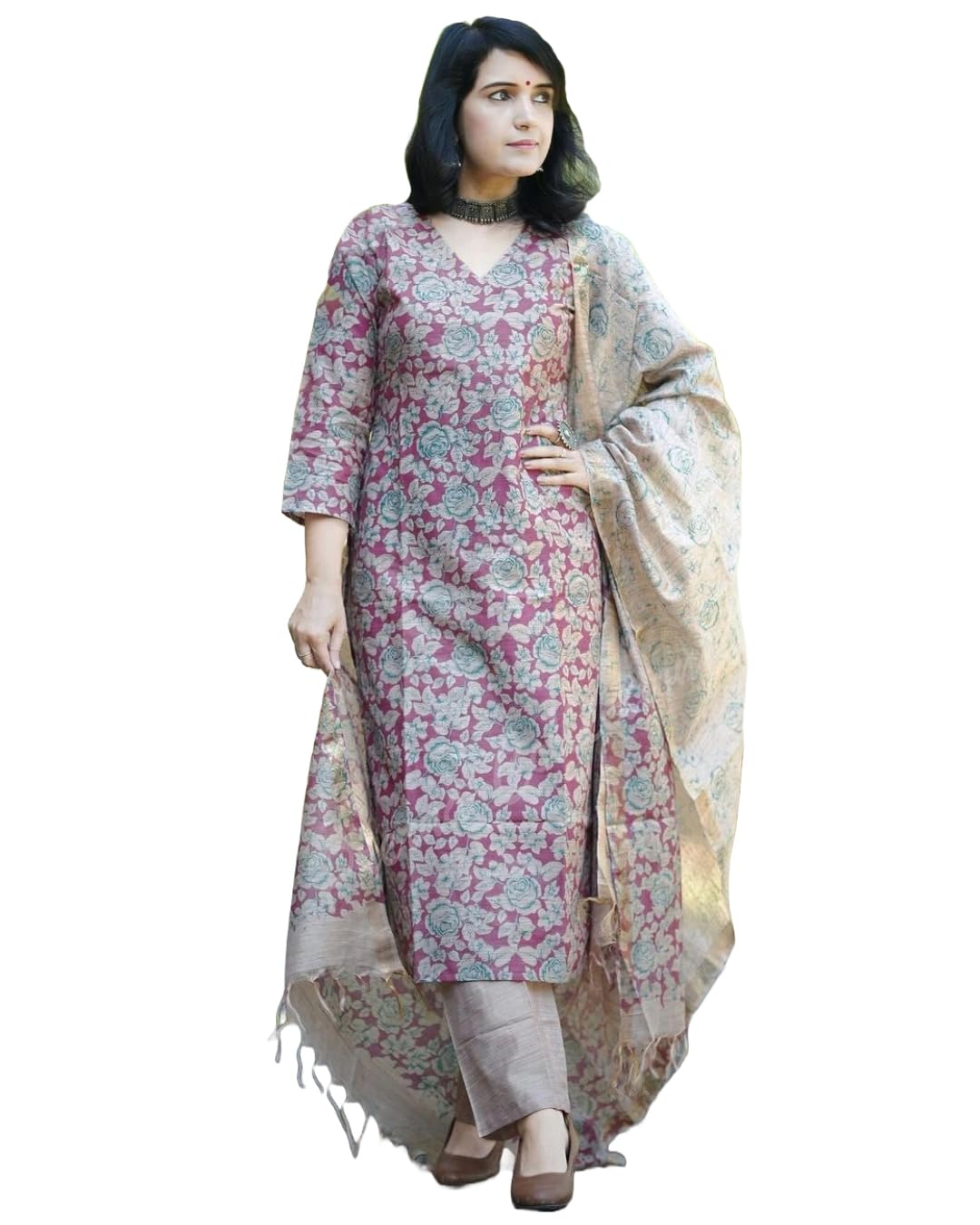 Gosriki Women'S Cotton Blend Printed Straight Kurta With Pant & Dupatta (Moringa Pink-Gs_S_Pink_Small),Pink,,B0D4DR4876