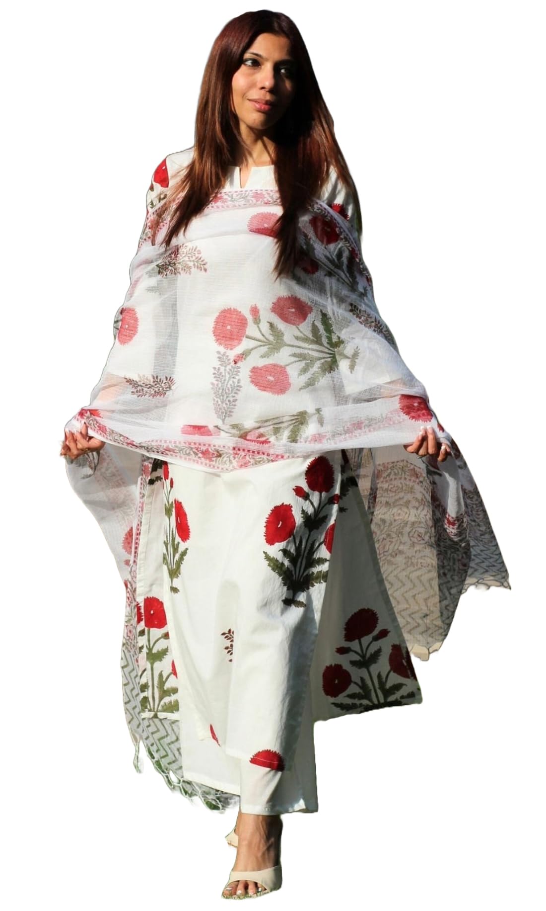 Gosriki Women'S Rayon Blend Straight Printed Kurta With Pant & Dupatta (Kanegari White-Gs_M_White_Medium),White,,B0DD76ZG6T