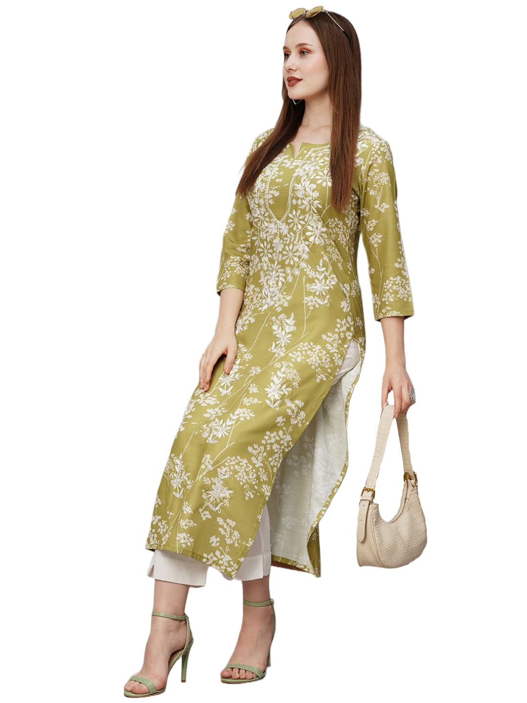 Anni Designer Women'S Cotton Blend Chikankari Embroidegreen Straight Kurta (Rutika-Mehandi_5Xl_Green_Xxxxx-Large),Green,5XL