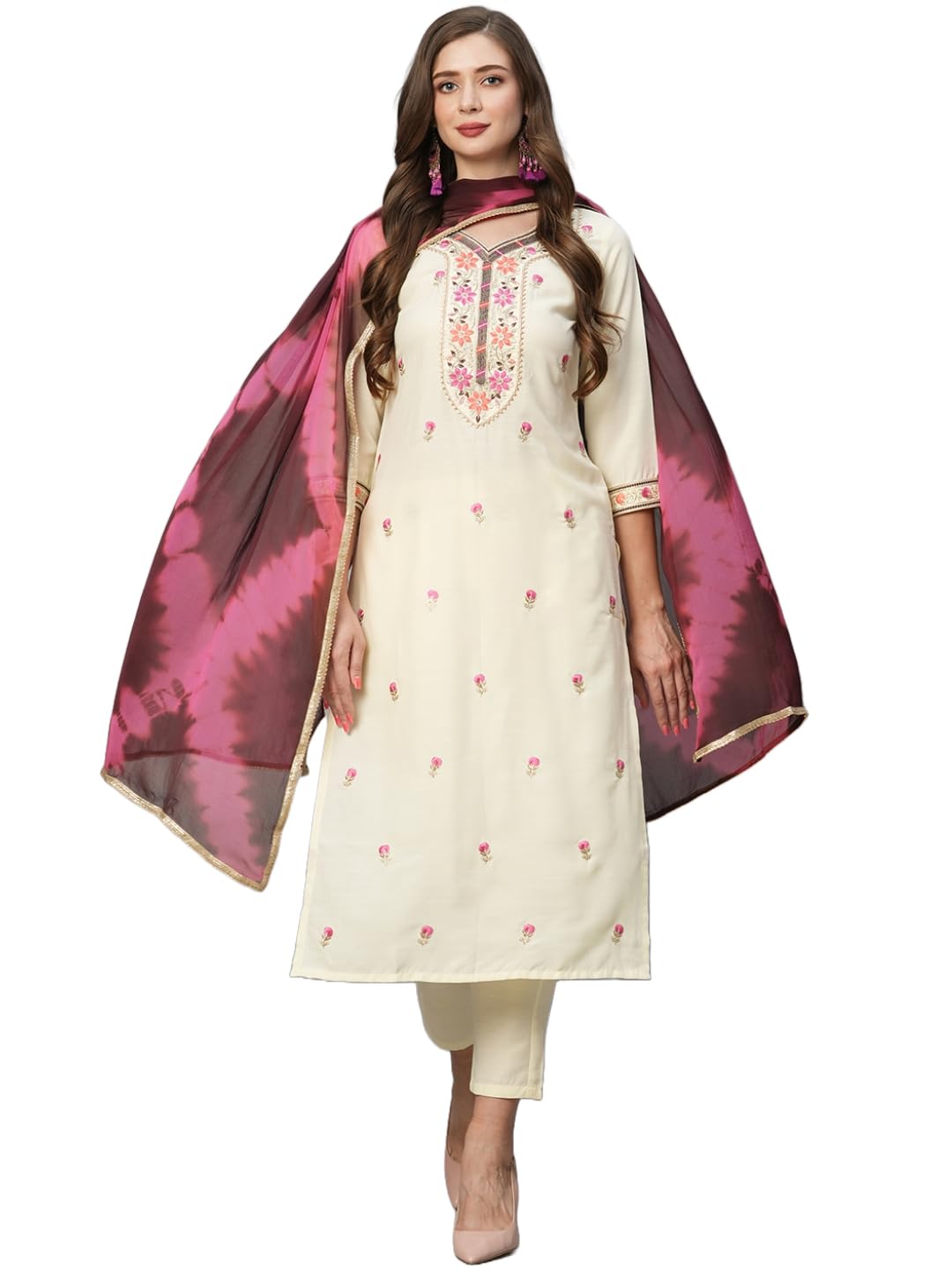 Gosriki Women'S Cotton Blend Embroidered Straight Kurta With Pant & Dupatta (Dinu Cream-Gs_Xxl_Cream_Xx-Large),Cream,2,B0CGTVNKBN