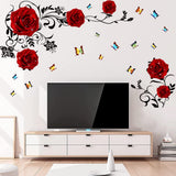 Supzone Red Rose Wall Stickers Rose Flower Vine Wall Decal Purple Peony Floral Wall Decor DIY Vinyl Mural Art for Bedroom Living Room Sofa Backdrop