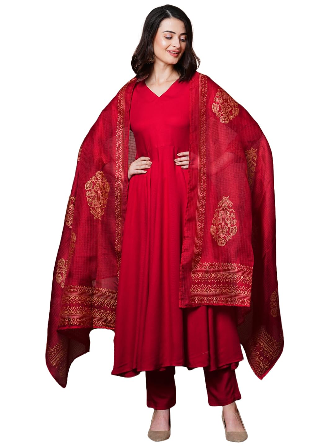 Anni Designer Women'S Rayon Blend Solid Anarkali Kurta With Pant & Dupatta (Magic-Red-Ndm_S_Red_Small),Red,S