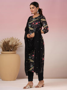 Gosriki Women'S Rayon Blend Printed Straight Kurta With Pant & Dupatta (Geto Black-Nw-Gs_4Xl_Black_Xxxx-Large),Black,4,B0CXPJGW8B