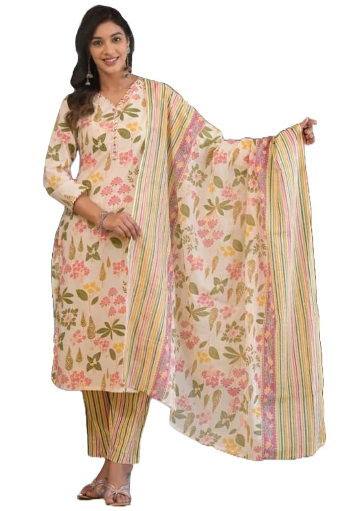 Anni Designer Women'S Cotton Blend Printed Straight Kurta With Pant & Dupatta (Kumud Cream-Nw_M_Cream_Medium),Cream,M