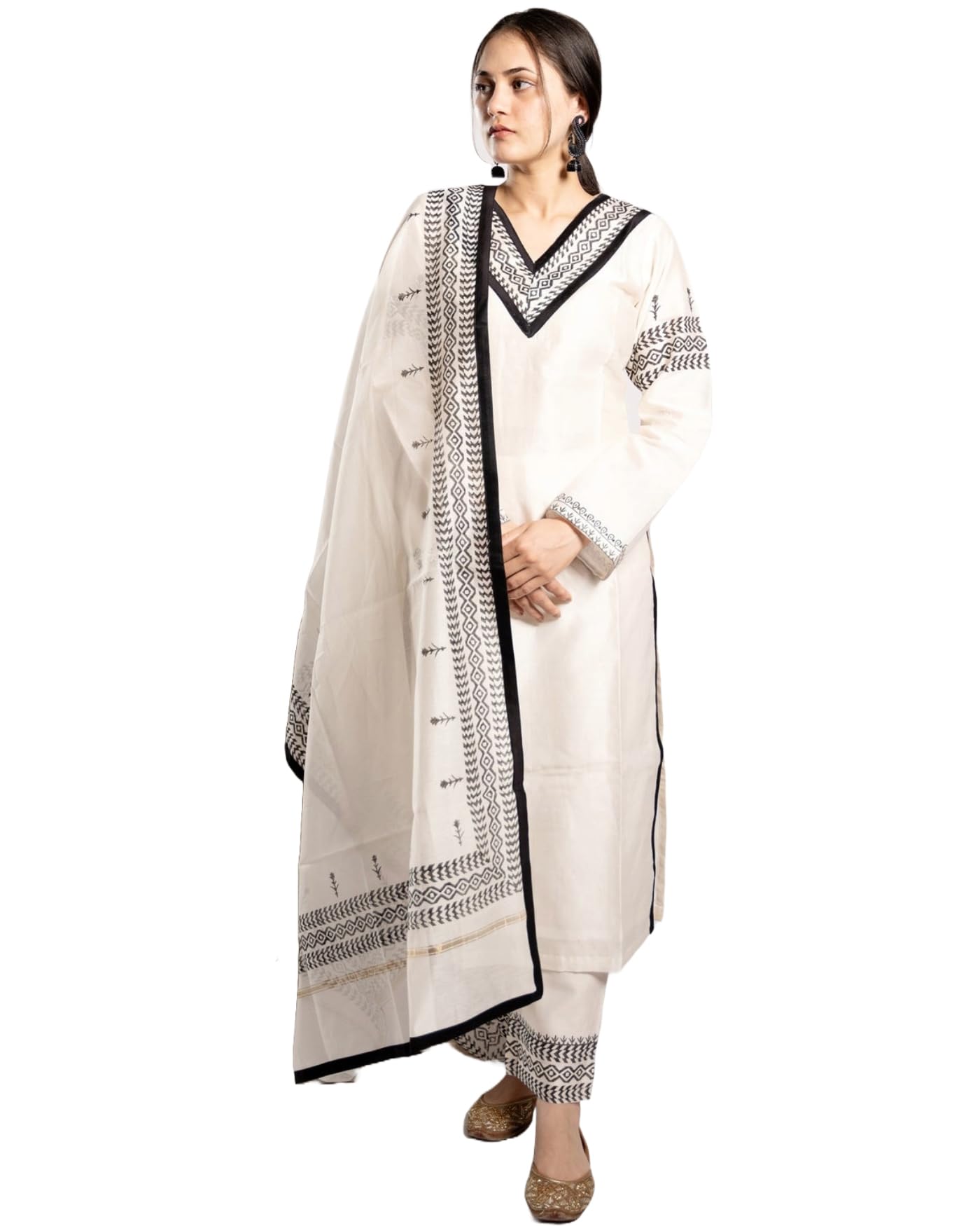 Anni Designer Women'S Rayon Blend Printed Straight Kurta With Pant & Dupatta (Ghabeni White_L_White_Large),White,L