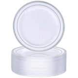 BESTVIP 50PCS Silver Plastic Plate, 7 Inch Disposable Dessert Plate Party with Silver Rim, Heavy Duty Disposable Plastic Plates 