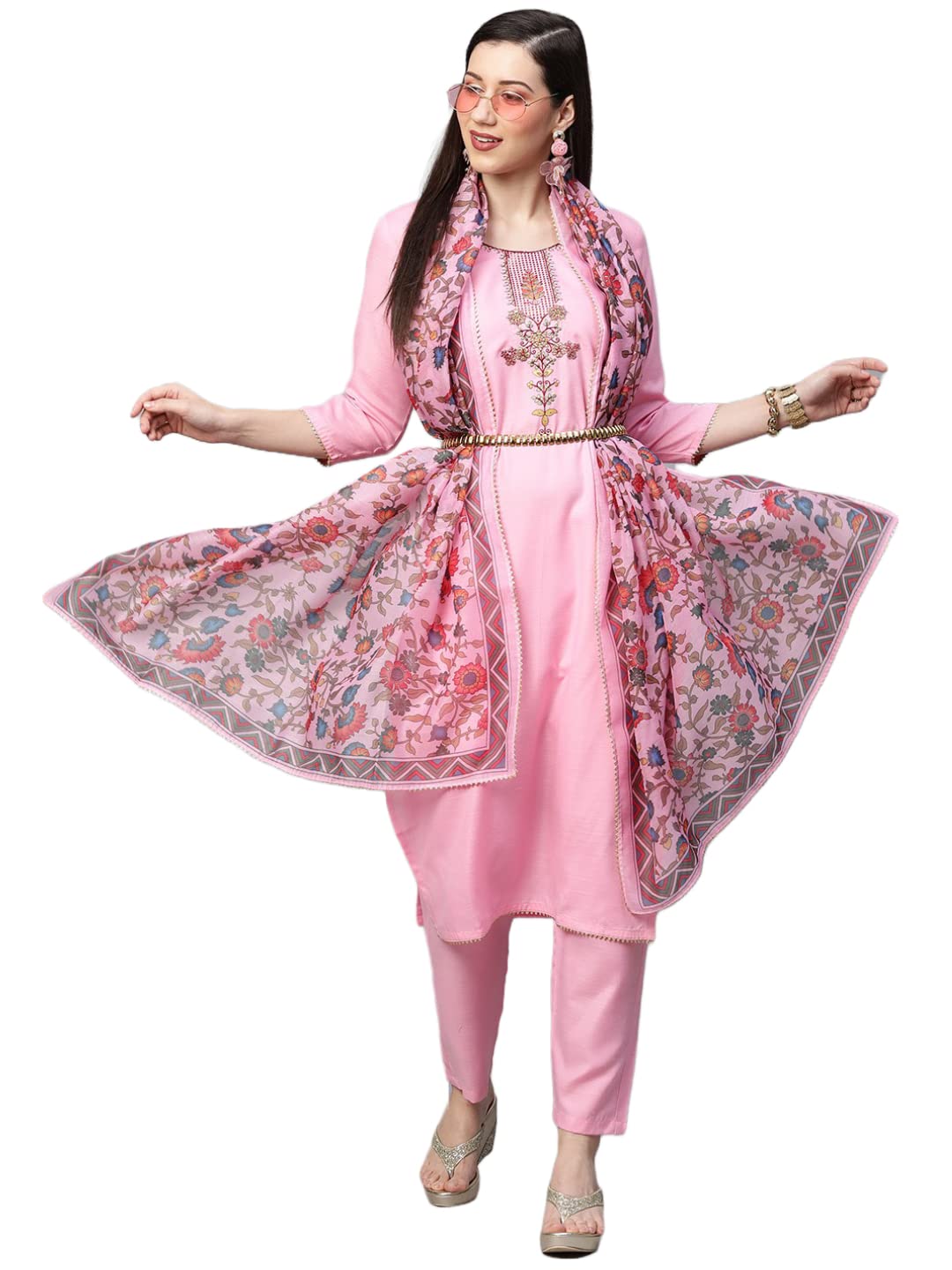 Anni Designer Women'S Cotton Blend Solid Straight Kurta With Pant & Dupatta (Authentic-Baby Pink_L_Baby Pink_Large),Baby Pink,L