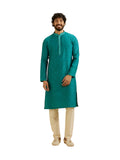 Manyavar Men's Viscose Blend Jacquard Embroidered Kurta Pyjama Set (Green,S)