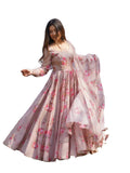 Women Floral Print Anarkali Kurta With Pant And Duptta (Medium Beige-1),Beige-1,M
