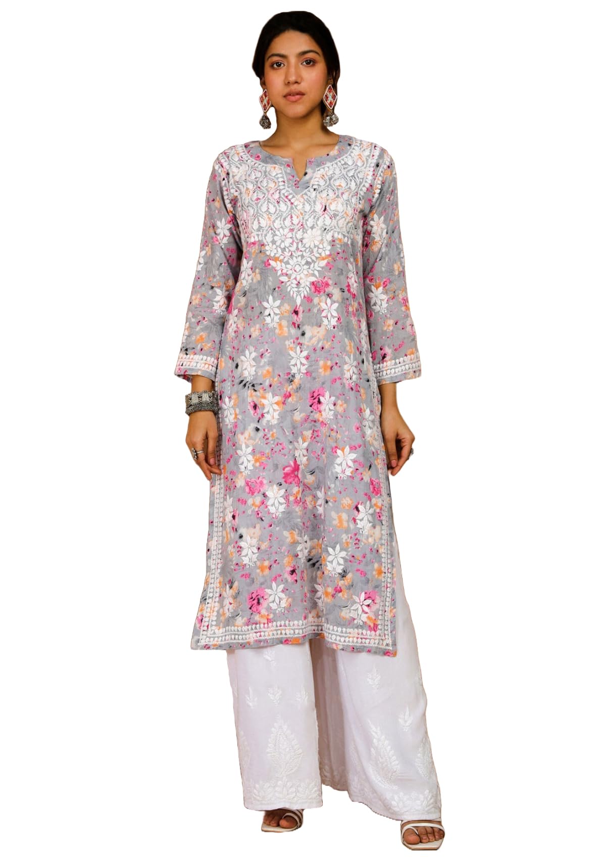 Anni Designer Women'S Rayon Blend Chikankari Embroidered Straight Kurta (Kisrup-Multi_L_Grey_Large),Grey,L