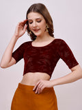 Vihu Fashion Women'S Readymade Hosiery Velvet Lycra Stretchable Round Neck Half Sleeve Blouse Fancy Maroon Color Lycra Stretchable Blouse For Women Readymade Saree Blouse Maroon L