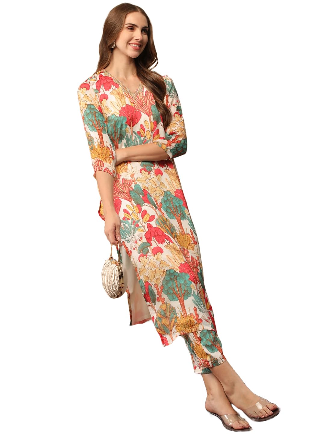Gosriki Women'S Cotton Blend Straight Printed Kurta With Pant (Samlok White-Nj-Gs_L_White_Large),White,,B0D2N8DMDR
