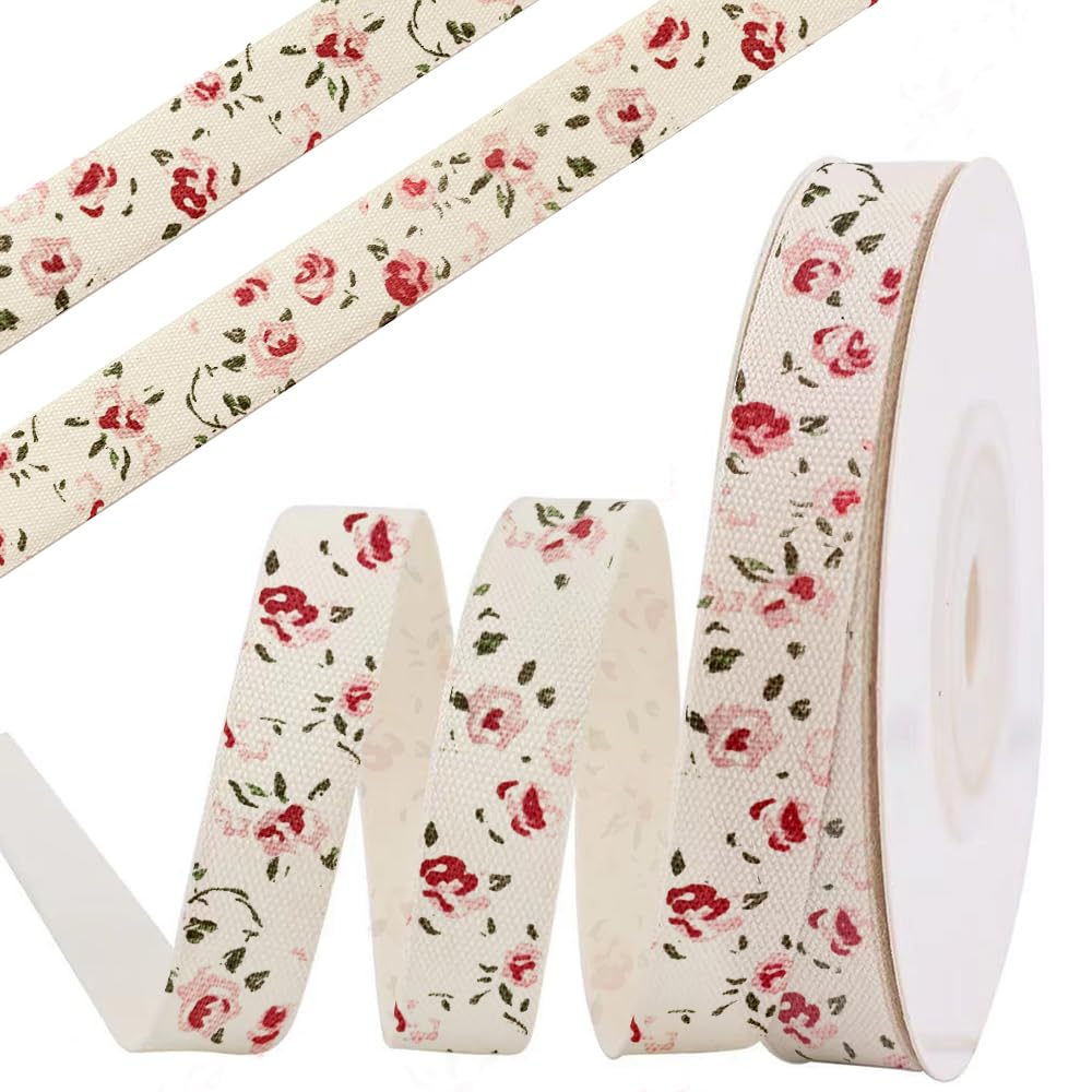 anshome Pink Flower Cotton Ribbon, 5/8 x 10 Yards Spring Vintage Cream White Ribbons Soft Natural Fabric Ribbon for Home D cor 