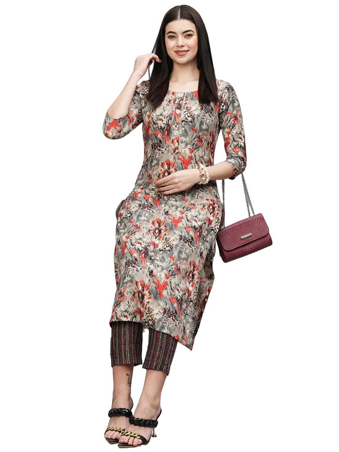 Anni Designer Women'S Cotton Blend Straight Printed Kurta With Pant (Seep Grey_L_Grey_Large),Grey,L