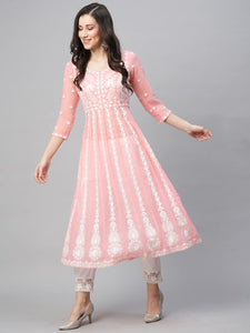 Gosriki Women'S Georgette Chikankari Embroidered Anarkali Kurti (Naav Peach-Gs_S_Peach_Small),Peach,,B0BVWFB4V6