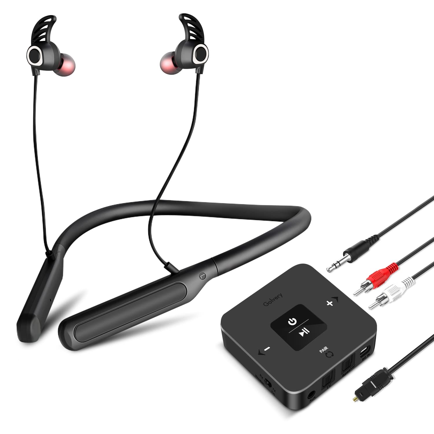 Golvery Bluetooth Headphones Transmitter for TV Watching, Neckband Wireless Stereo Earphones Earbuds Set w/Transmitter Adapter f