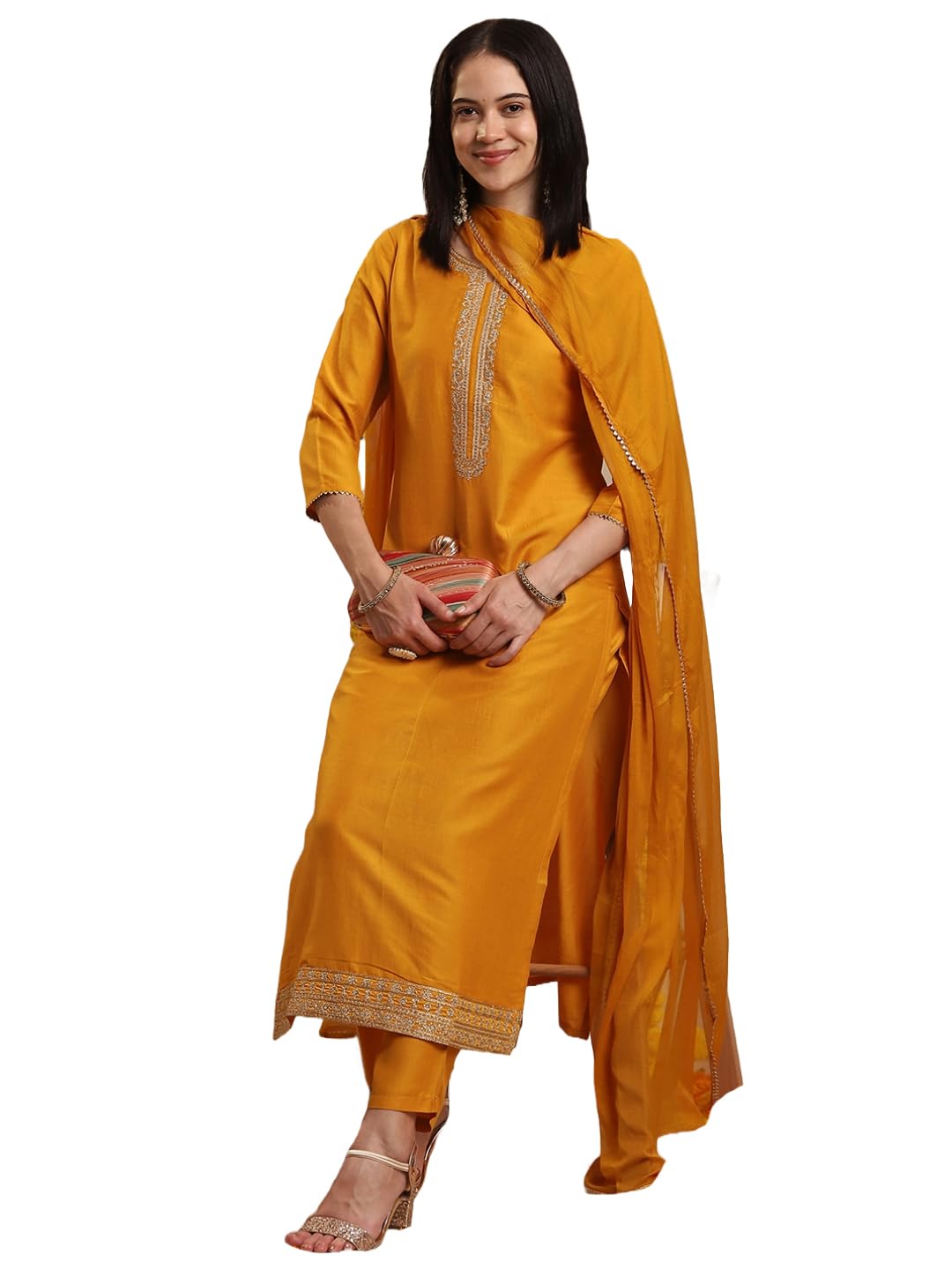 Anni Designer Women'S Rayon Blend Straight Embroidered Kurta With Pant & Dupatta (Likha Yellow_L_Yellow_Large),Yellow,L