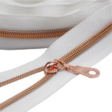 YaHoGa #5 Rose Gold Metallic Nylon Coil Zippers by The Yard Bulk White Tape 10 Yards with 25pcs Pulls for DIY Sewing Tailor Craf