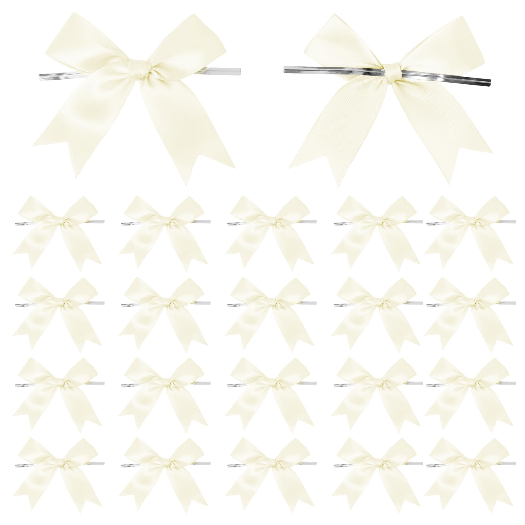 50 Counts Beige Twist Tie Bows 3.1 Pre-Tied Satin Ribbon Bow Decor Mini Twist Tie Bows for Gift Wrapping Treat Bags Cake Bridal 