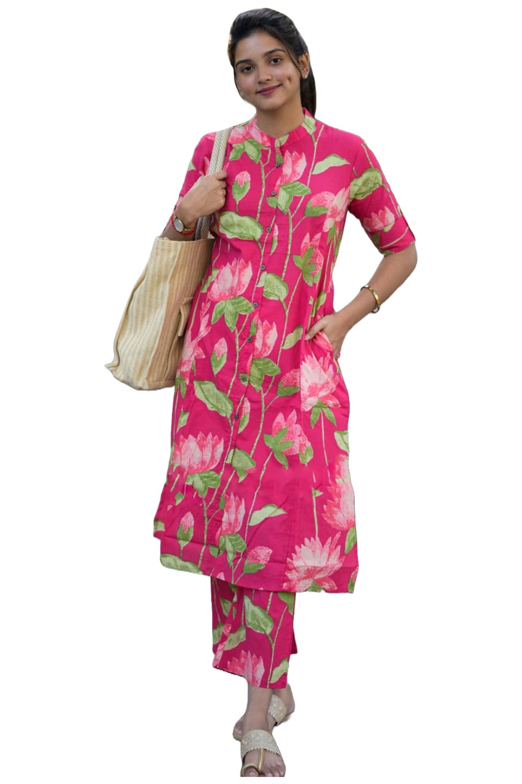 Anni Designer Women'S Rayon Viscose Straight Printed Kurta With Pant (Ladat Pink-Vks01_Xxl_Pink_Xx-Large),Pink,2XL,,,