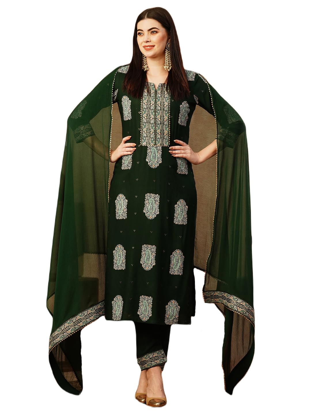 Anni Designer Women'S Cotton Blend Straight Printed Kurta With Pant & Dupatta (Carla Green-Nw_L_Green_Large),Green,L,,,