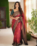 Flosive Womens Present Banarasi Soft Lichi Silk Saree Beautiful Jacquard Rich Pallu Design Work Zari Woven Kanjivaram Silk Style Saree With Soft Lichi Silk Blouse Piece Ayn Ritch (Red)