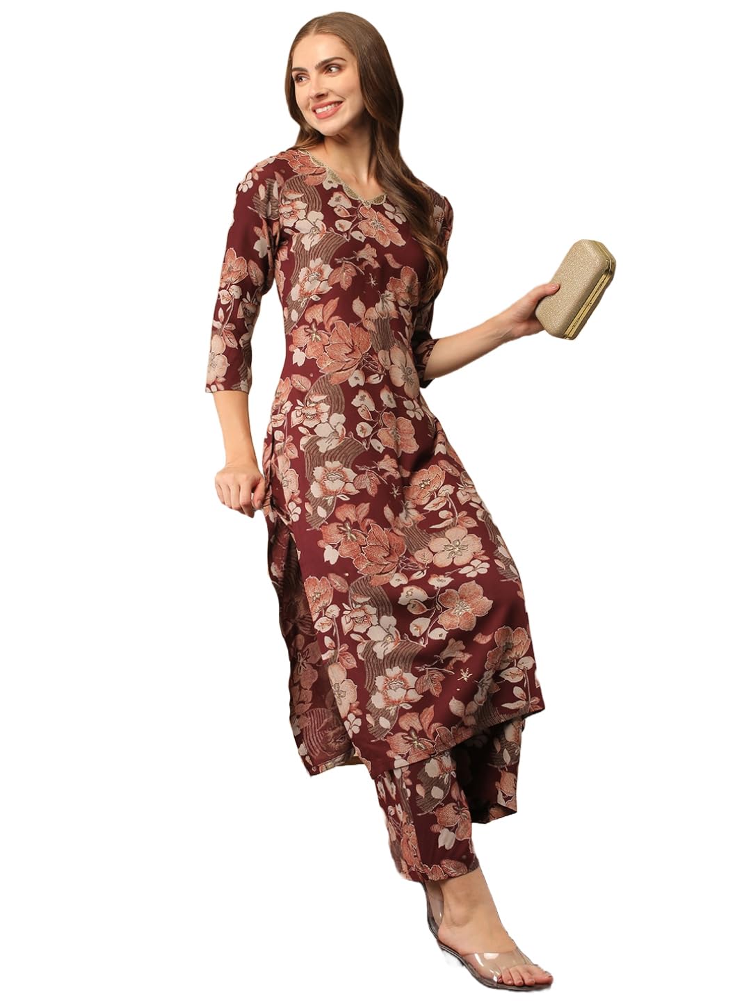 Gosriki Women'S Cotton Blend Straight Printed Kurta With Pant (Waqt Wine-Nh-Gs_S_Wine_Small),Wine,,B0D2NC2VNZ