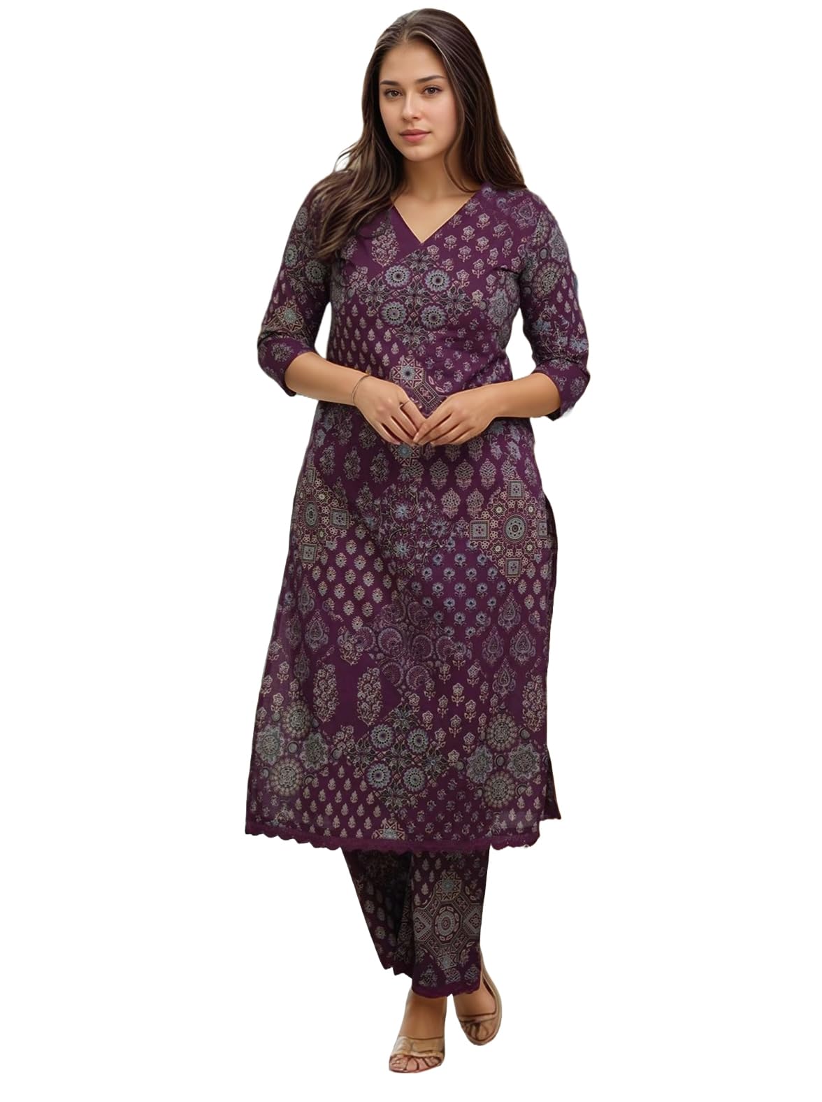 Anni Designer Women'S Rayon Viscose Straight Printed Kurta With Pant (Kadai Wine_M_Wine_Medium),Wine,M