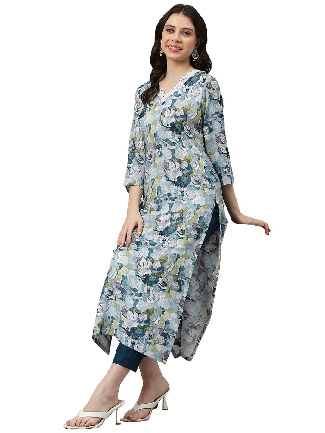 Gosriki Women'S Cotton Blend Straight Printed Kurta With Pant (Southz Blue-Nw-Gs_S_Blue_Small),Blue,,B0CNXVV7G7