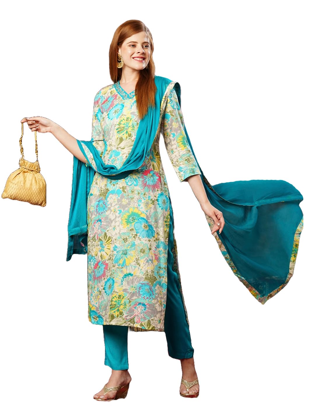 Gosriki Women'S Cotton Blend Printed Straight Kurta With Pant & Dupatta (Ruth Rama-Jl-Gs_M_Multi_Medium),Rama Blue,,B0D73Y8KCG