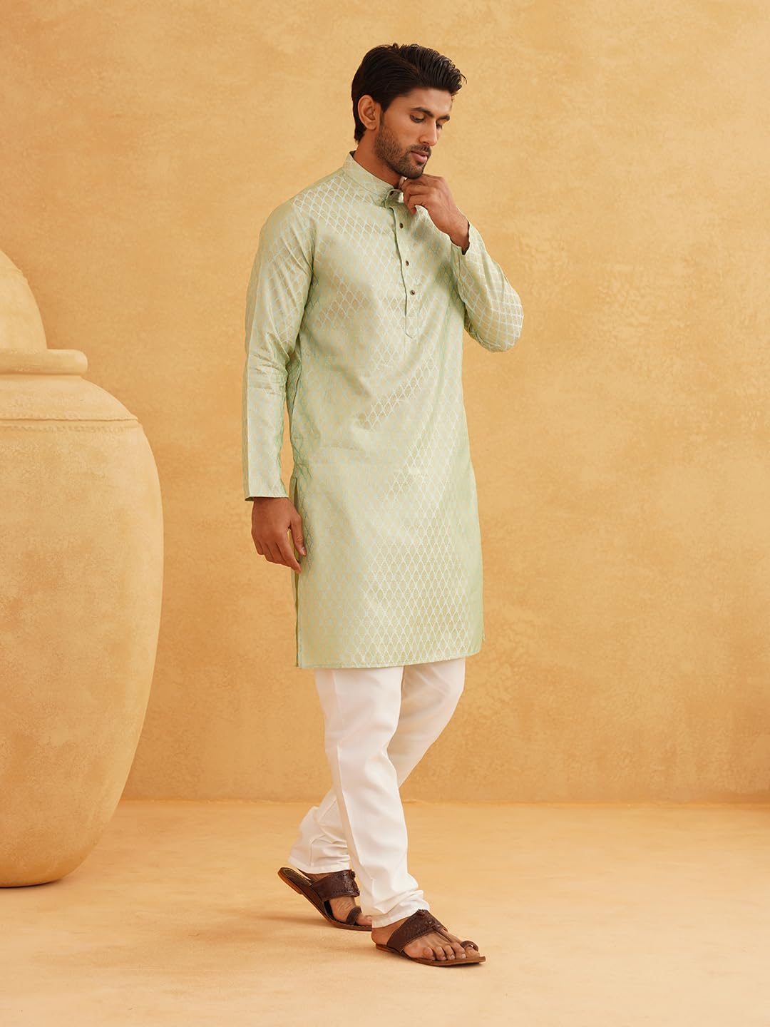 Sojanya (Since 1958 Men'S Jacq Silk Pista Green Self Design Kurta & Off-White Churidar Pyjama Set Size 44