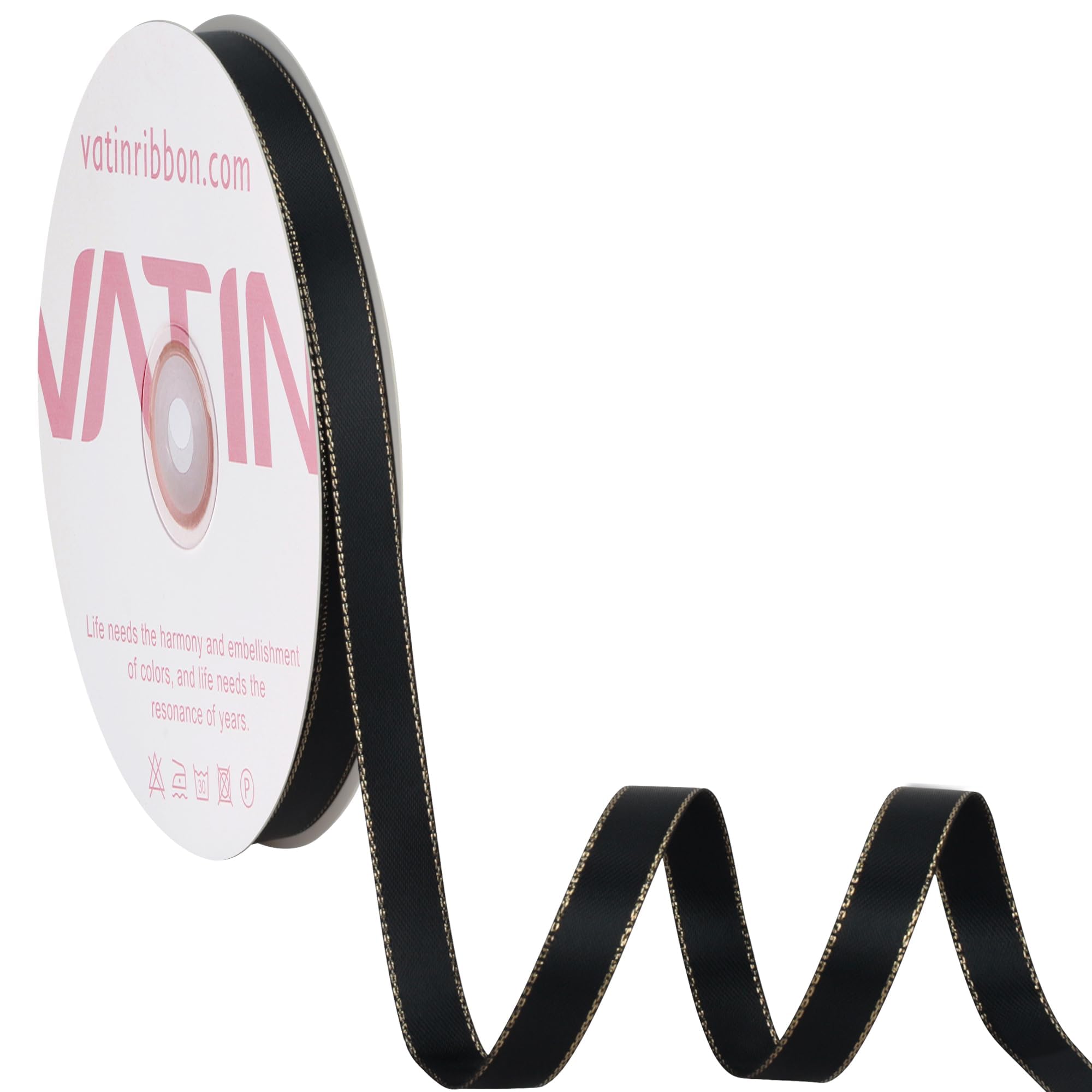 VATIN Double Faced Satin Ribbon 3/8 inch Black with Gold Edge Continuous 50 Yards for Decoration, Craft, Gift Wrappping Wedding 