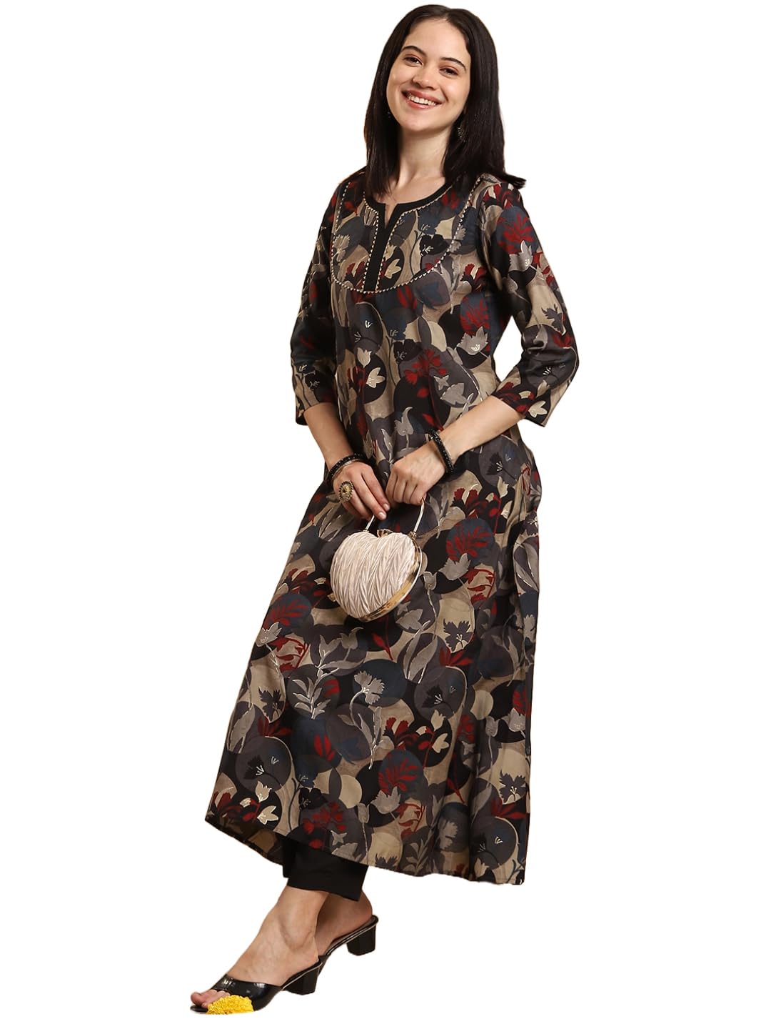 Gosriki Women'S Rayon Blend Anarkali Printed Kurta With Pant (Allgood Black-Gs_Xl_Black_X-Large),Black,,B0DK9P5B81