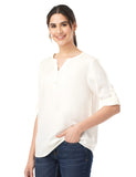 FYLTR Women's Fashion V-Neck Top with Roll-up Sleeves,Ivory White